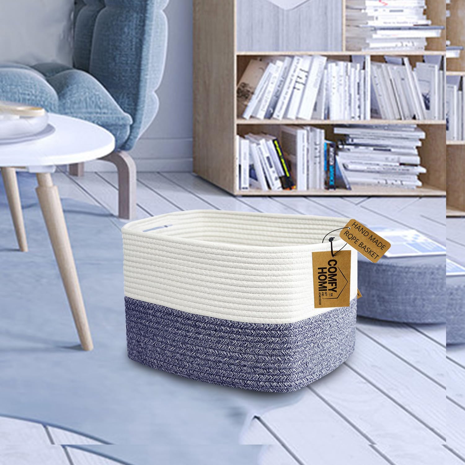 Comfy-Homi Medium Cotton Rope Basket With Handles For Shelves|Dog Toy Basket|Baby Basket|Gift Basket Empty For Organizing|New Generation 13.5' X 11' X 9.5' For Living Room(Navy Blue)